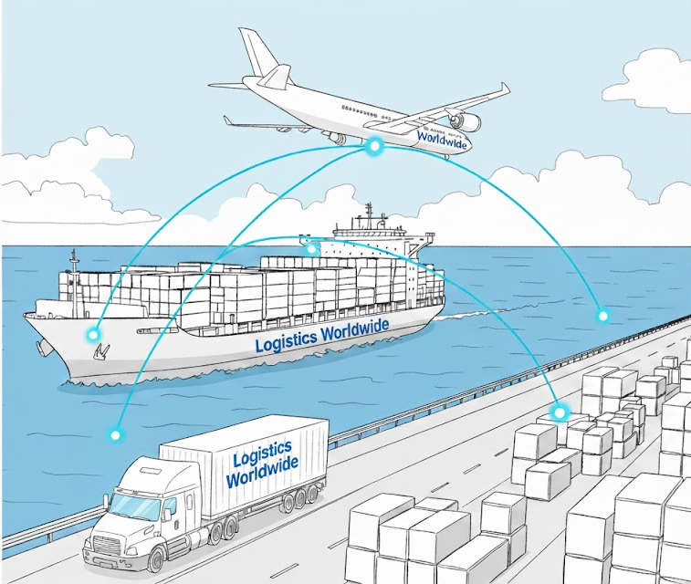 Truck, airplane, and shipping containers symbolizing global logistics.